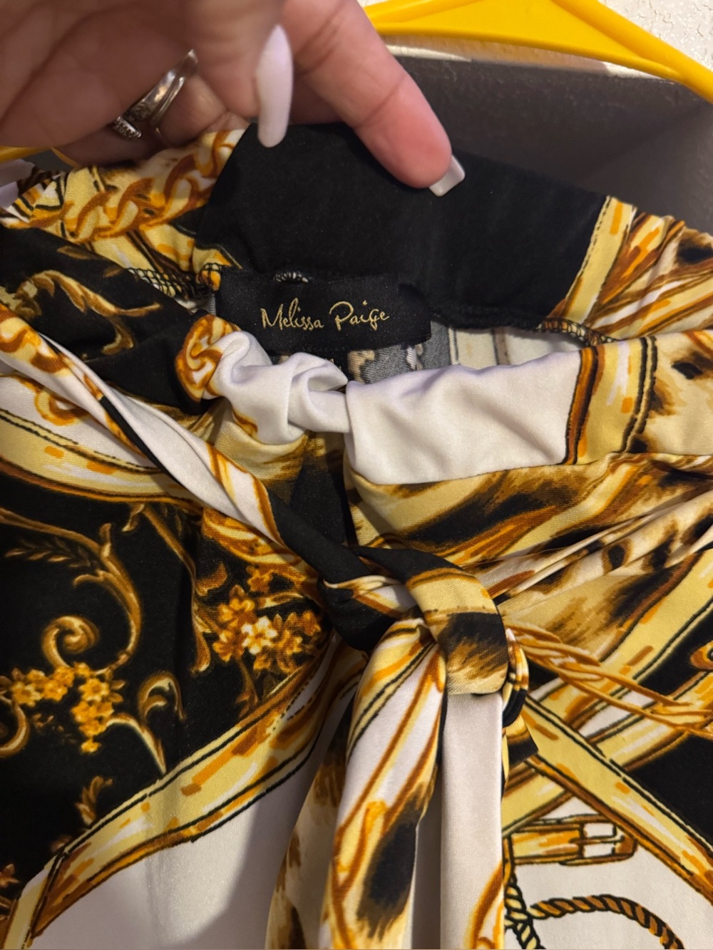 Melissa Paige Black, Gold & White Printed Tie-Neck Blouse